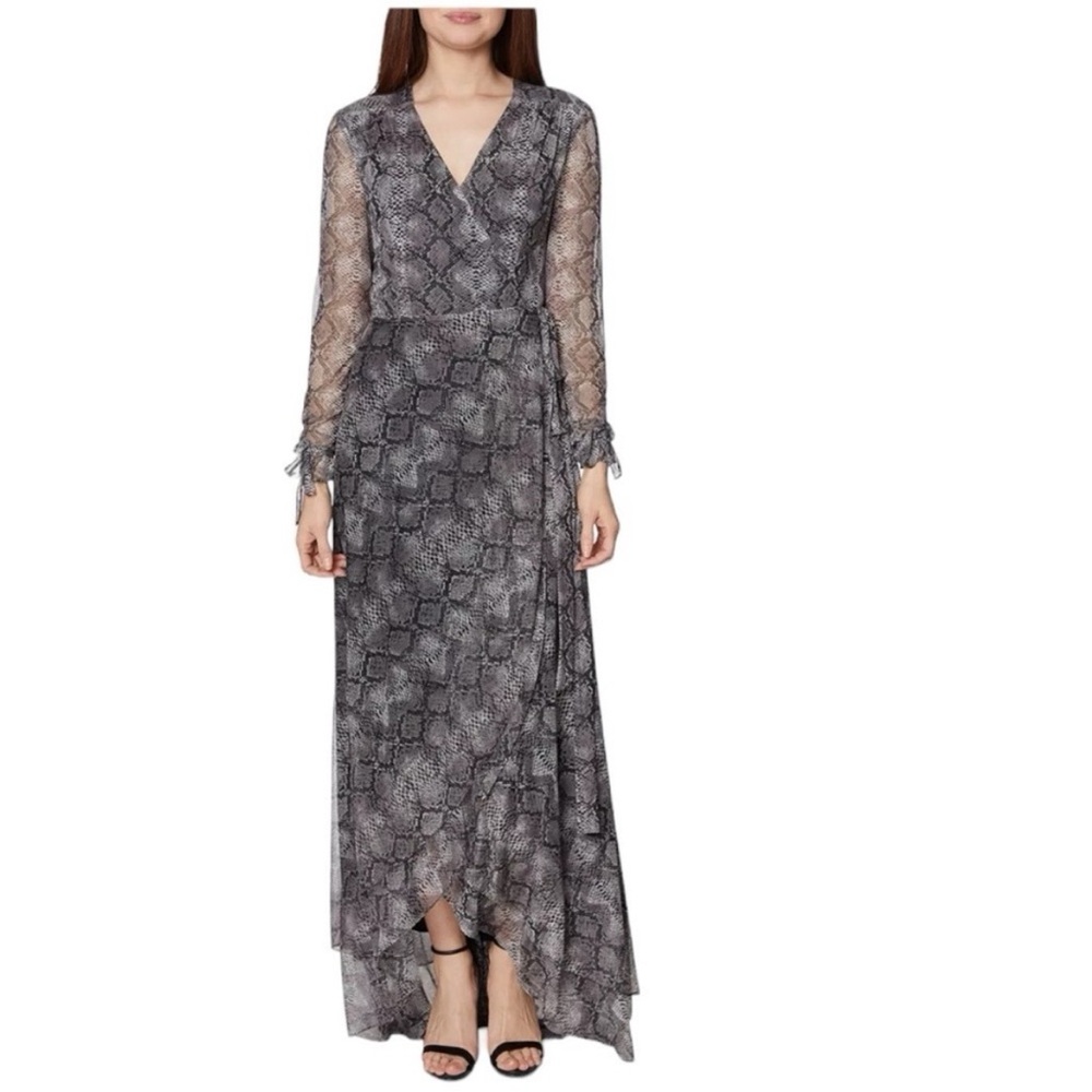 Betsey Johnson Snake Print Bow Sleeve Wrap Maxi Dress Gray Black Evening Formal - Picture 4 of 16
